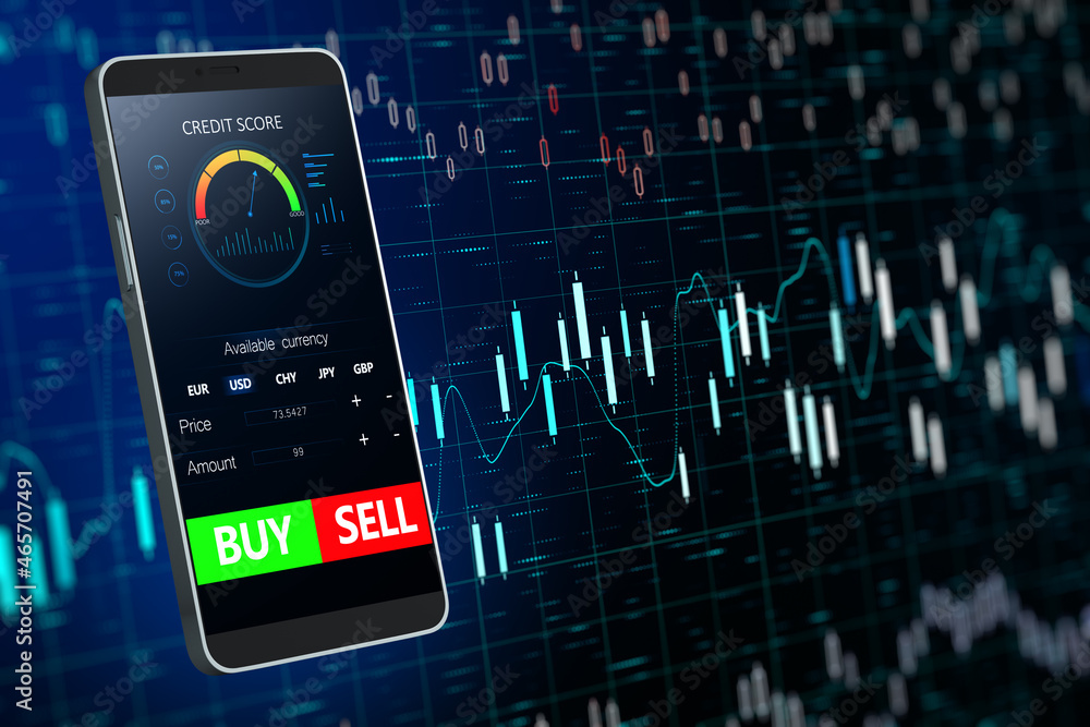Poster Close up of phone with forex chart and sell, buy buttons on dark background. Stock exchange, cryptocurrency, market and global fund information concept. 3D Rendering.