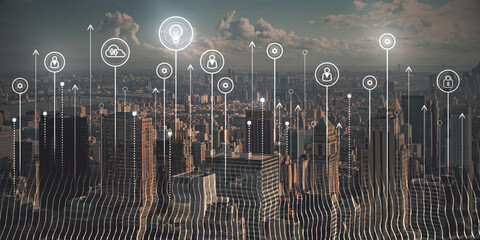 Creative city background with glowing connections. Urban technology, smart city and future concept. Double exposure. - Powered by Adobe