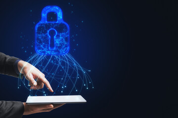 Close up of male hand holding cellphone with glowing blue padlock hud on dark background with mock...
