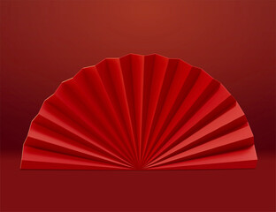 3d red oriental paper fold fan - obrazy, fototapety, plakaty