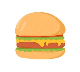 Big burger with meet, melting cheese and lettuce between buns. Hamburger, American fast food. Cheeseburger with cutlet, salad and sauces. Flat cartoon vector illustration isolated on white background