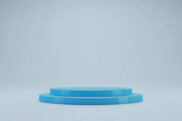 3D pastel blue cylinder podium on light background. Empty stage for product presentation. Realistic vector platform with free space. Minimalistic mockup design. Template of pedestal