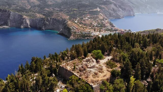 Amazing Landscapes Of Assos Village (Asos) And View Surrounding Mountains Of Cephalonia In Greece - aerial shot
