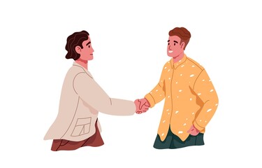 Handshake of two people. Happy men meeting and greeting each other, shaking hands. Formal hello and respect gesture. Colleagues communication. Flat vector illustration isolated on white background