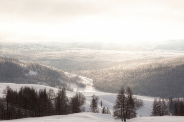 Altai. Winter landscape with mountains covered with snow on sunset