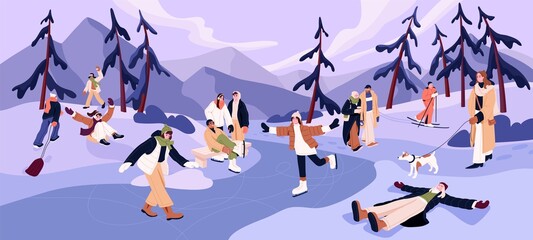 Outdoor winter fun. Happy adult people and kids during holiday activities in snow in cold weather. December landscape with men, women and children skiing, skating and walking. Flat vector illustration
