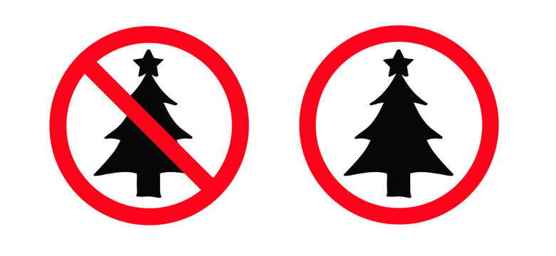 No Christmas trees is forbidden. Vector cartoon icon oer pictogram. Stop, no xmas tree or no new year tree symbol. No ban, prohibited sign and using axe. Prohibition of cutting down.