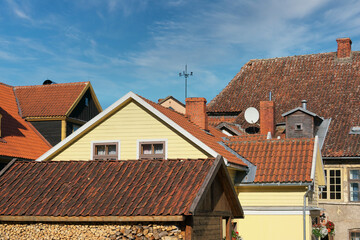 Traditional tiled roofs of ancient buildings.