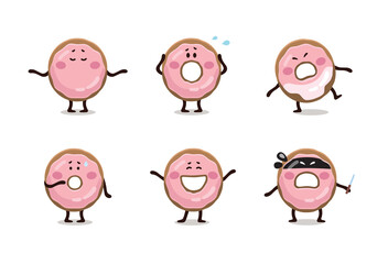Funny flat simple kids emoji stickers, characters, banner, muscots of pink glazed donuts.