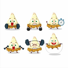 A healthy slice of lemon meringue pie cartoon style trying some tools on Fitness center