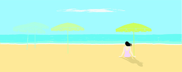Fototapeta na wymiar a girl wearing swimming suit sitting on a beach and sunbathes in front of the sea with big umbrella around under the clear sky in the summer. vector, isolated.