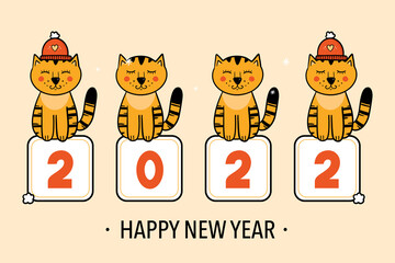 Happy New Year 2022. Year of the tiger cartoon style greeting card, vector colorful illustration with tiger characters sitting in christmas hats and holding calendar cards with numbers.
