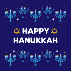 Happy Hanukkah vector cartoon style greeting card, illustration with david stars and menorah with lighting candles borders.