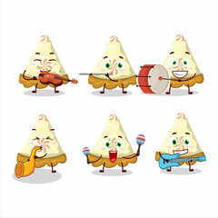 Cartoon character of slice of lemon meringue pie playing some musical instruments