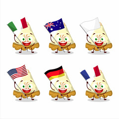 Slice of lemon meringue pie cartoon character bring the flags of various countries