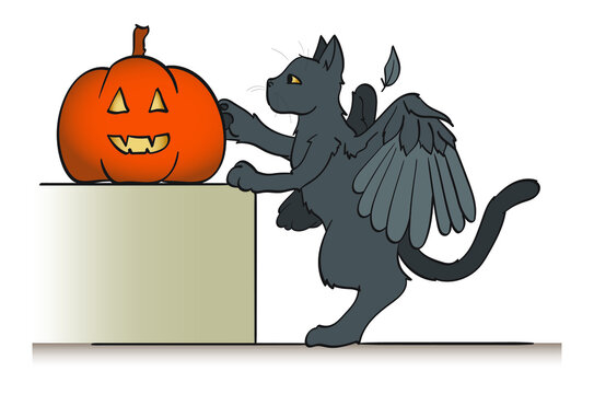 A Black Winged Cat Standing and Reaching Towards a Jack-O-Lantern