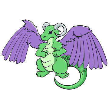 Green Cartoon Dragon with Violet Wings