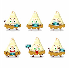 Photographer profession emoticon with slice of lemon meringue pie cartoon character
