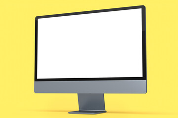 Realistic grey computer screen display with keyboard and mouse on yellow