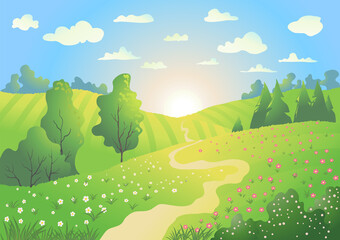 Spring or summer season rural landscapevector cartoon illustration with rising sun, hills with flowers, bushes and trees and blue sky