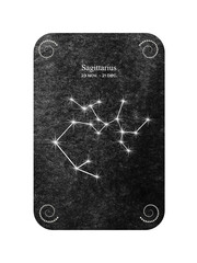 Watercolor zodiac sign Sagittarius in the shape of Star Constellation on dark black background.