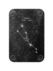 Watercolor zodiac sign Taurus in the shape of Star Constellation on dark black background.