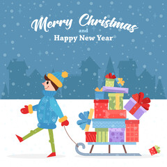 Boy with gifts. Christmas gifts and winter city. Postcard with place for text.