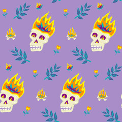 Seamless pattern with burning skulls, twigs, bonfires and flowers in fantasy style on purple background