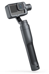 Photo and video lightweight black action camera with steadicam on white