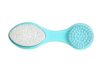 Blue brush with stone scrub, foot hygiene tool isolated on white background. Selfcare, body care,...