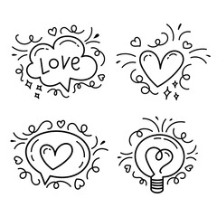 Set of hand-drawn hearts, love icons. Doodle, Cartoon, Contour, Outline. Children's drawing. Light bulb, dialog box, bubble, message. 