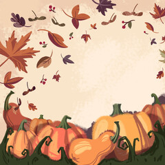 Autumn warm background with pumpkins made in soft orange color palette. Template for halloween design and other autumn illustrations