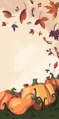 Autumn warm background with pumpkins made in soft orange color palette. Template for halloween design and other autumn illustrations