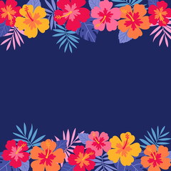 Colorful hibiscus flower and palm leaf border frame vector. © NTRdesign