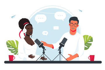 woman African woman and man are recording a podcast, broadcasting online on radio. People in headphones talking into a microphone. Joyful person radio host interviewing guest, mass media broadcasting