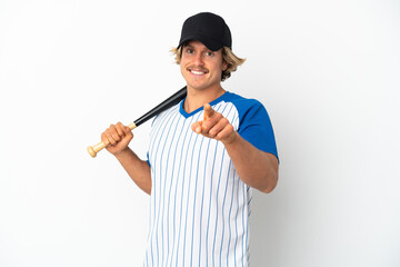 Young blonde man isolated on white background playing baseball and points finger at you with a confident expression
