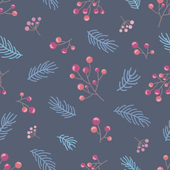 Pink and orange berries of rowan, blue fir branches on calm purple-gray background. Seamless winter doodle pattern. Suitable for packaging, wallpaper.