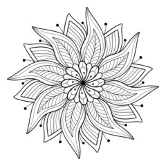 Decorative flower mandala with striped patterns on a white isolated background. For coloring book pages.