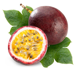 Fresh Passion fruit with leaves isolated on white, Purple Passion fruit or Maracuya on white background With clipping path.