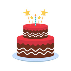 Delicious Cake with Candles for Birthday Party. Cute Cake with Icing Cream on Plate for Birthday, Anniversary, Wedding. Colorful Sweet Tasty Bakery. Isolated Vector Illustration