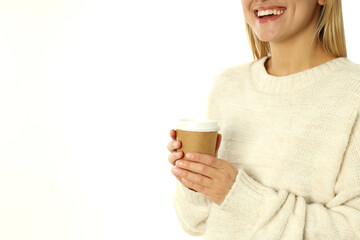 Attractive woman with paper cup isolated on white background