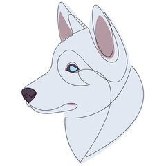 Siberian Husky dog portrait. Continuous line. White colour husky dog line drawing. Vector illustration with colour.