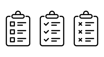 Checklist on Board Line Icons. Set of Clipboard or Document for Note Outline Icon. Business Schedule, Check List on Clip Board with Checkmark Cross. Editable Stroke. Isolated Vector Illustration