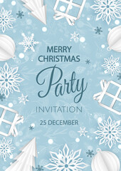Fototapeta na wymiar Merry Christmas Party invitation. Happy New Year card Decoration. Winter background. Seasonal holidays.
