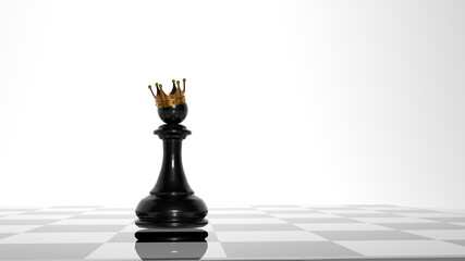 A black chess pawn with a golden crown on its head stands on a checkered board. 3D rendering.