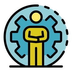 Man and huge gear wheel icon. Outline man and huge gear wheel vector icon color flat isolated