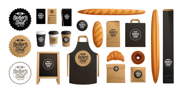 Bakery Shop branding package mock-up set with logo design. Corporate identity mockup. Bakery food cardboard package. Realistic MockUp set of logo, uniform, plastic cup, paper bag, baked goods