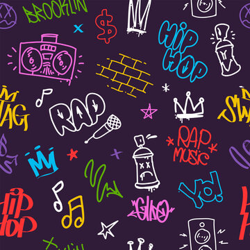 Hip-Hop and Rap doodle graffiti  tags colorful vector seamless pattern. Street Art and Hip-Hop grunge elements for fashion tee print design. Endless background for wallpaper and wrapping paper