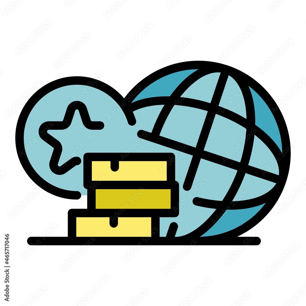 Poster stack of money and globe icon. outline stack of money and globe vector icon color flat isolated