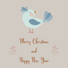 Cute postcard with a bird. Christmas greeting gift cards with winter elements and holiday wishes. Winter vector illustration isolated on white background.
